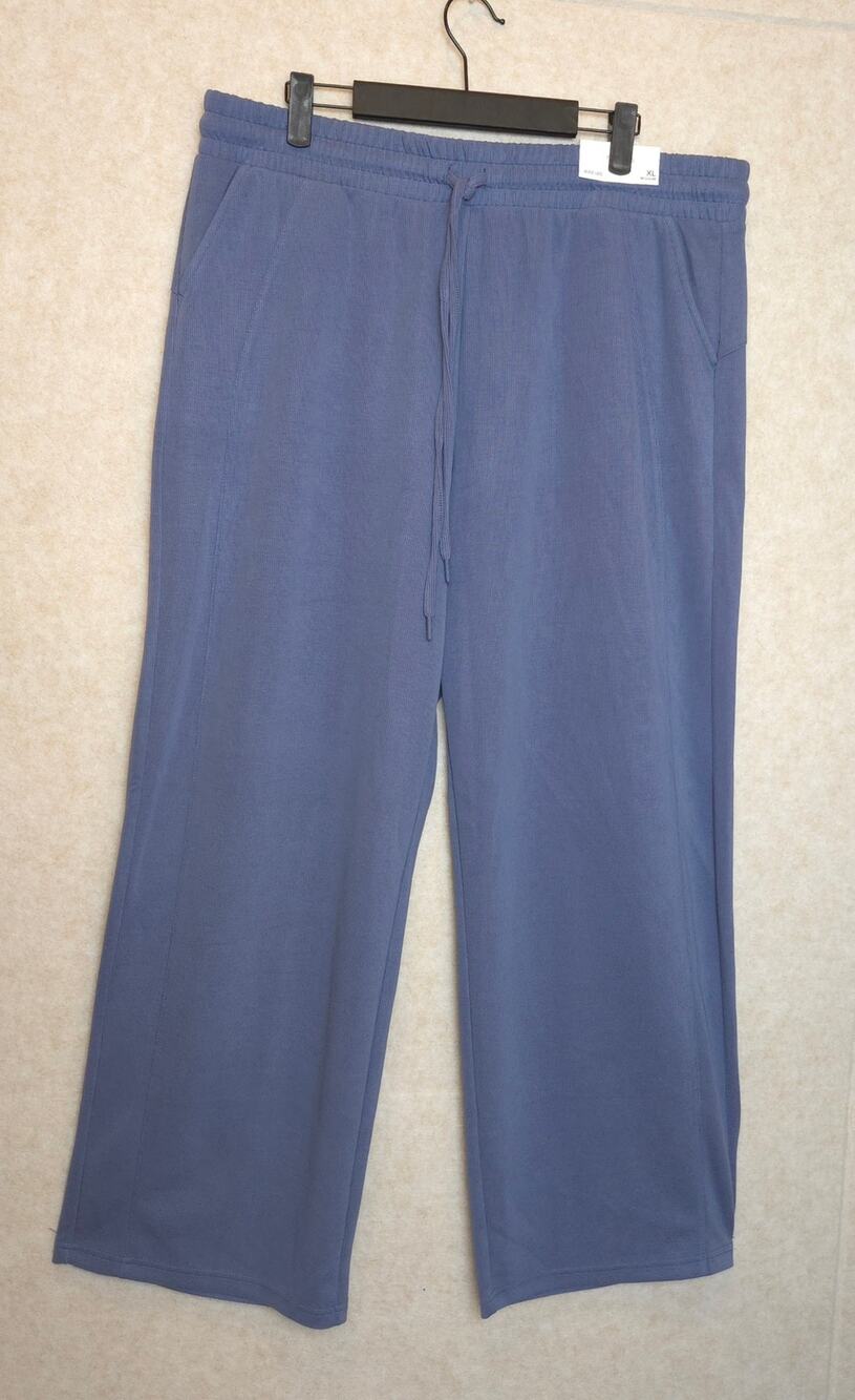 Womens XL Regular Blue Ribbed Wide Leg Drawstring Pants Pull On New